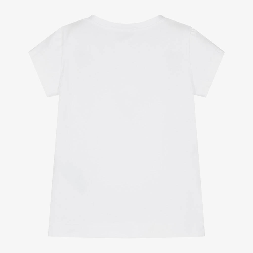 Monnalisa-Girls White Cotton T-Shirt with Pink Florals & Diamanté Trim | Childrensalon