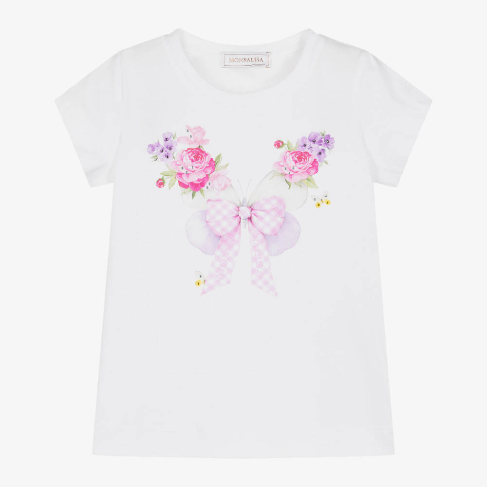 Monnalisa-Girls White Cotton T-Shirt with Pink Florals & Diamanté Trim | Childrensalon