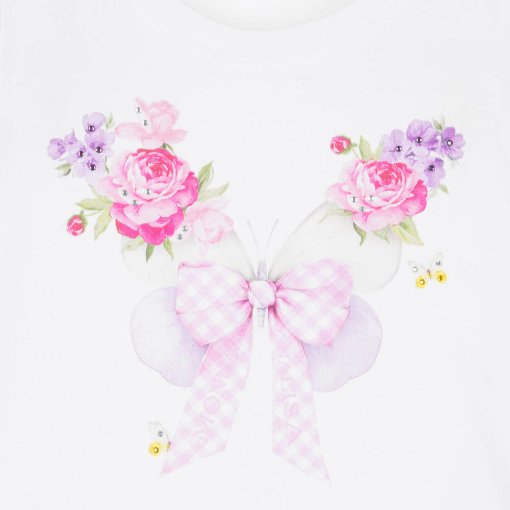 Monnalisa-Girls White Cotton T-Shirt with Pink Florals & Diamanté Trim | Childrensalon