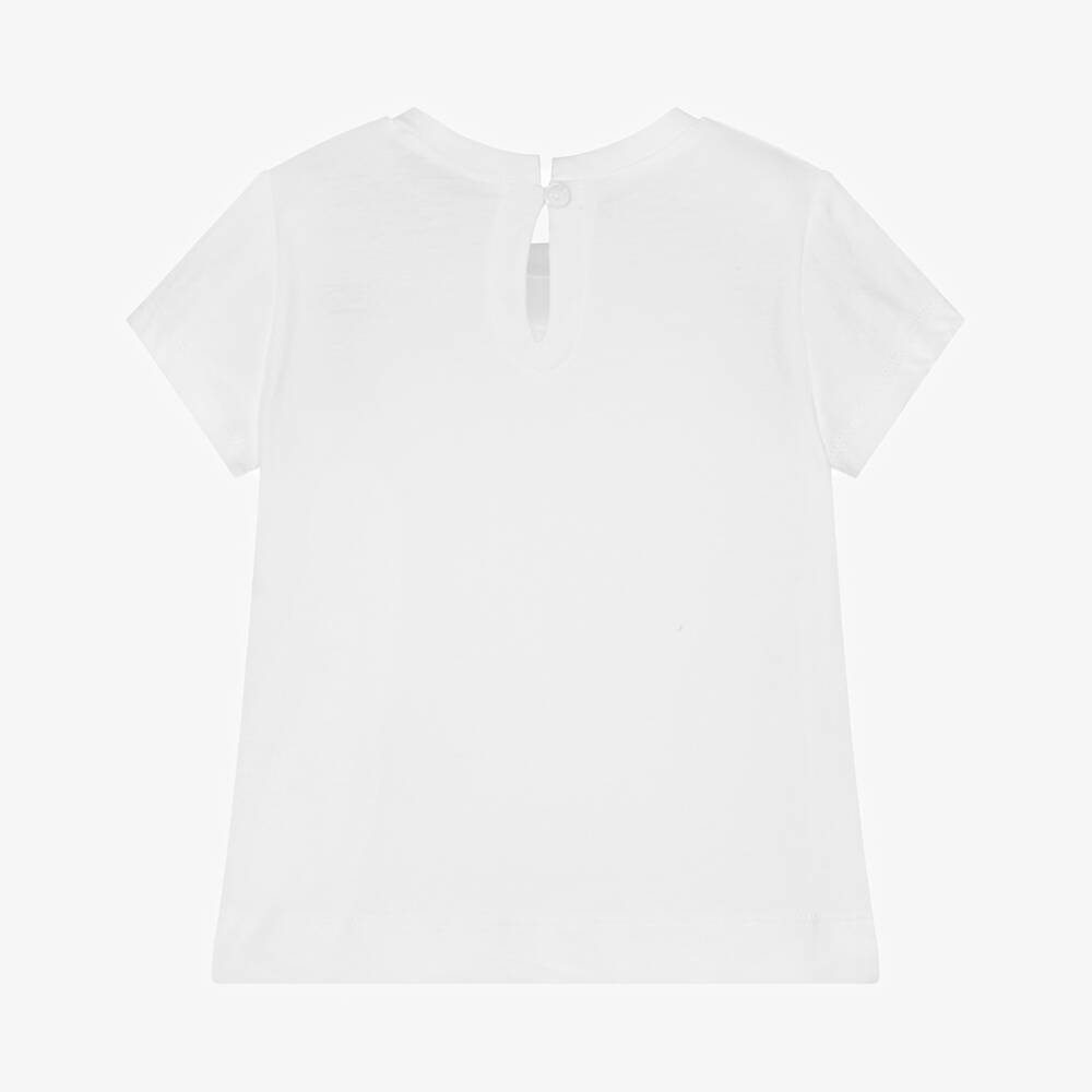 Monnalisa-Girls White Cotton T-Shirt with Pink Gingham Bow Print | Childrensalon