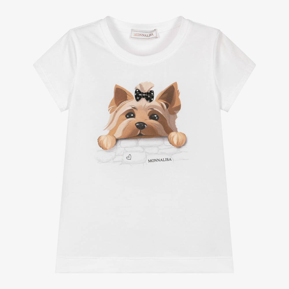 Monnalisa-Girls White Cotton T-Shirt with Puppy Motif | Childrensalon