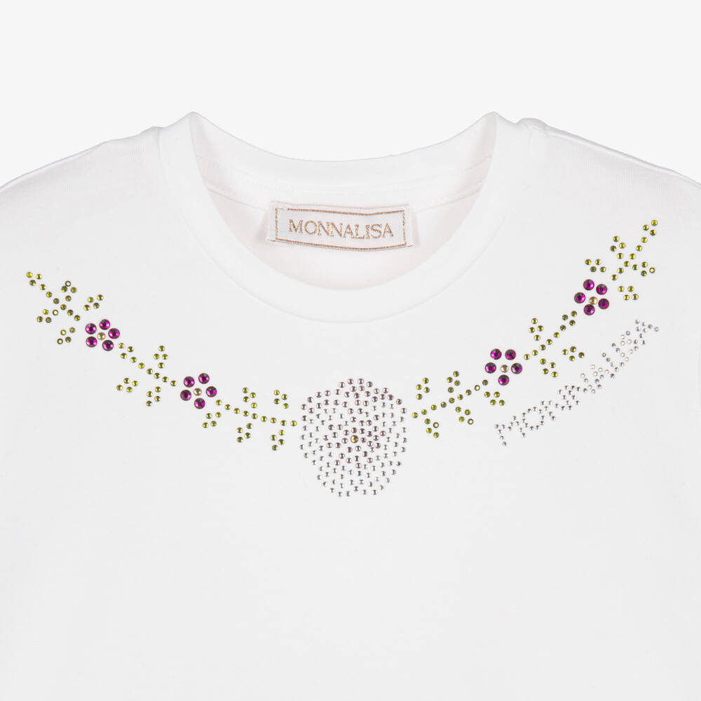 Monnalisa-Girls White Cotton T-Shirt with Sparkly Rhinestone Flowers | Childrensalon