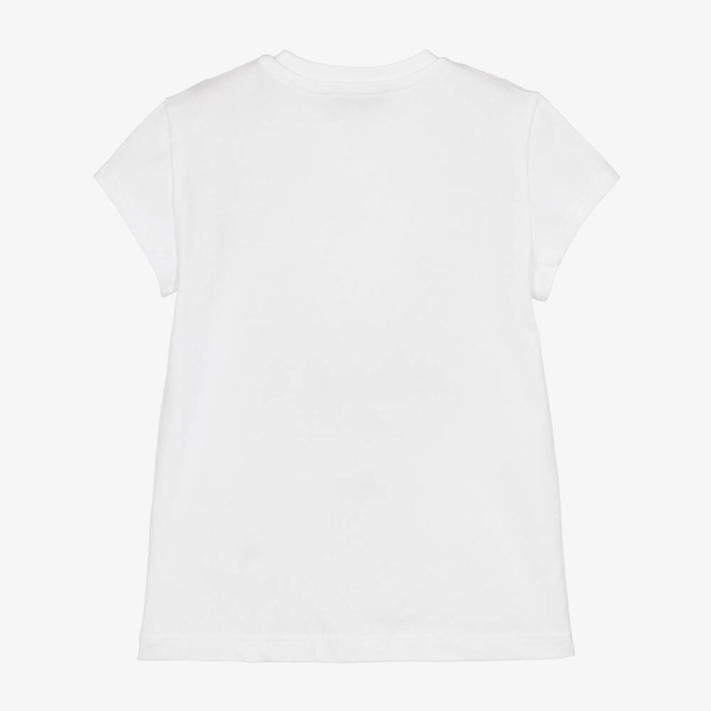 Monnalisa-Girls White Cotton T-Shirt with Sparkly Rhinestone Flowers | Childrensalon