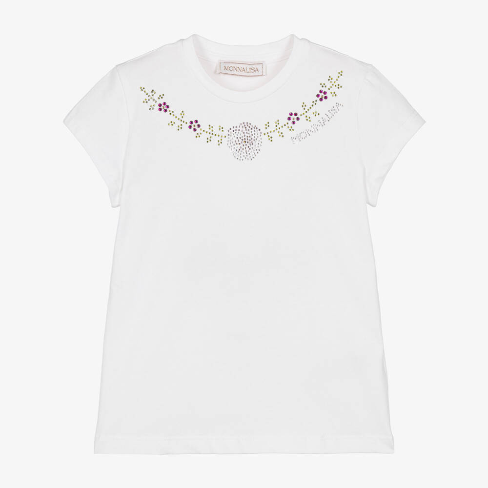 Monnalisa-Girls White Cotton T-Shirt with Sparkly Rhinestone Flowers | Childrensalon