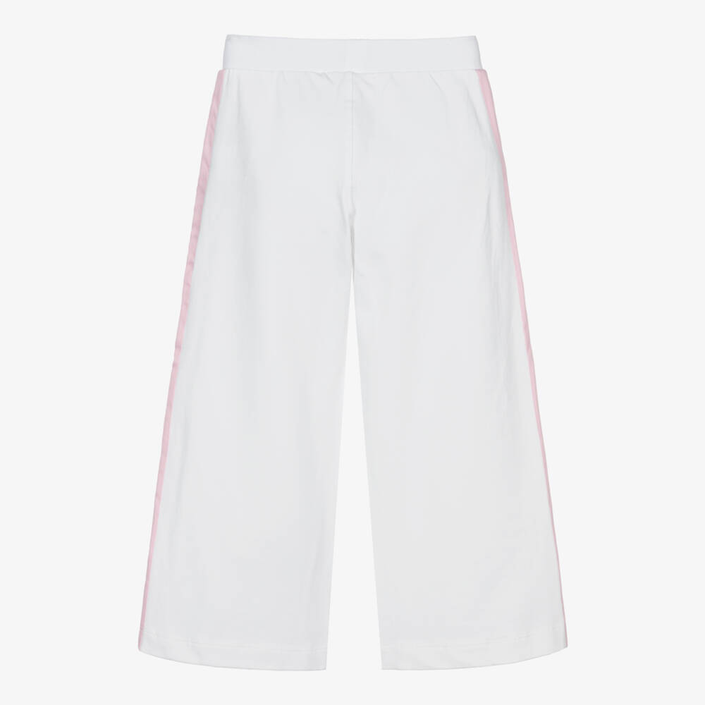 Monnalisa-Girls White Cotton Wide-Leg Joggers with Floral Print | Childrensalon