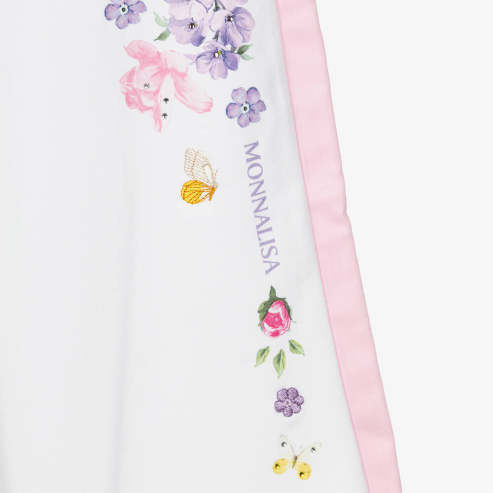 Monnalisa-Girls White Cotton Wide-Leg Joggers with Floral Print | Childrensalon