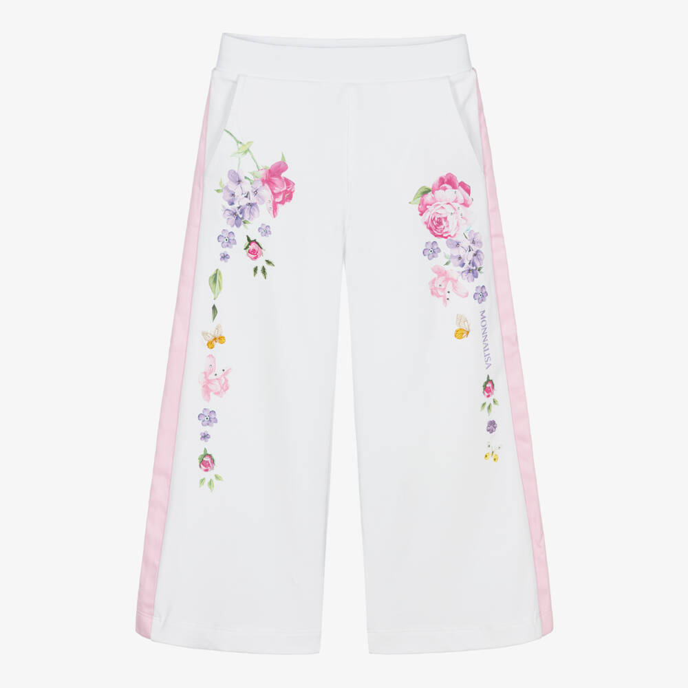 Monnalisa-Girls White Cotton Wide-Leg Joggers with Floral Print | Childrensalon