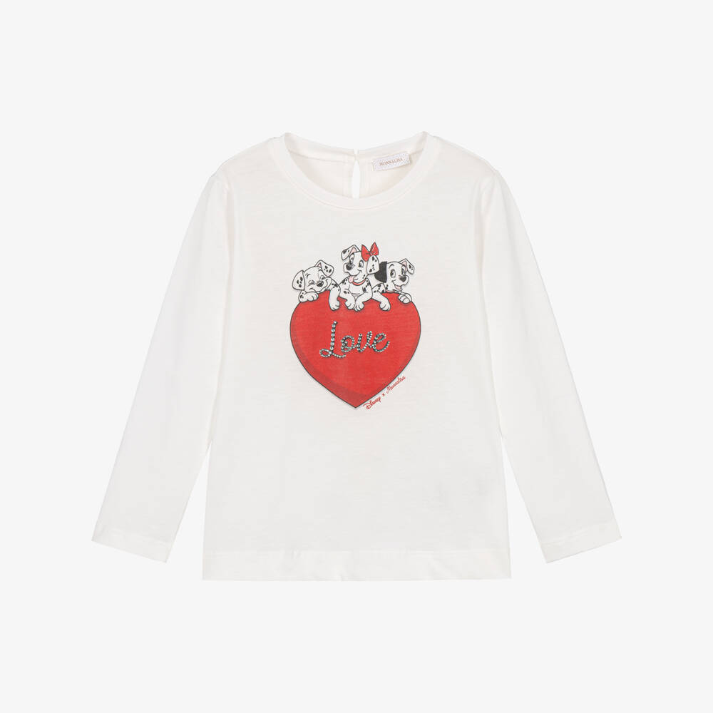 Monnalisa-Girls White Disney Top with Dalmatian Pups & Love Heart | Childrensalon