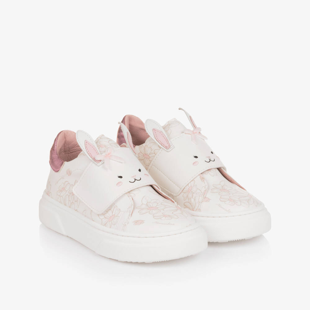 Monnalisa-Girls White Faux Leather Floral & Bunny Trainers | Childrensalon