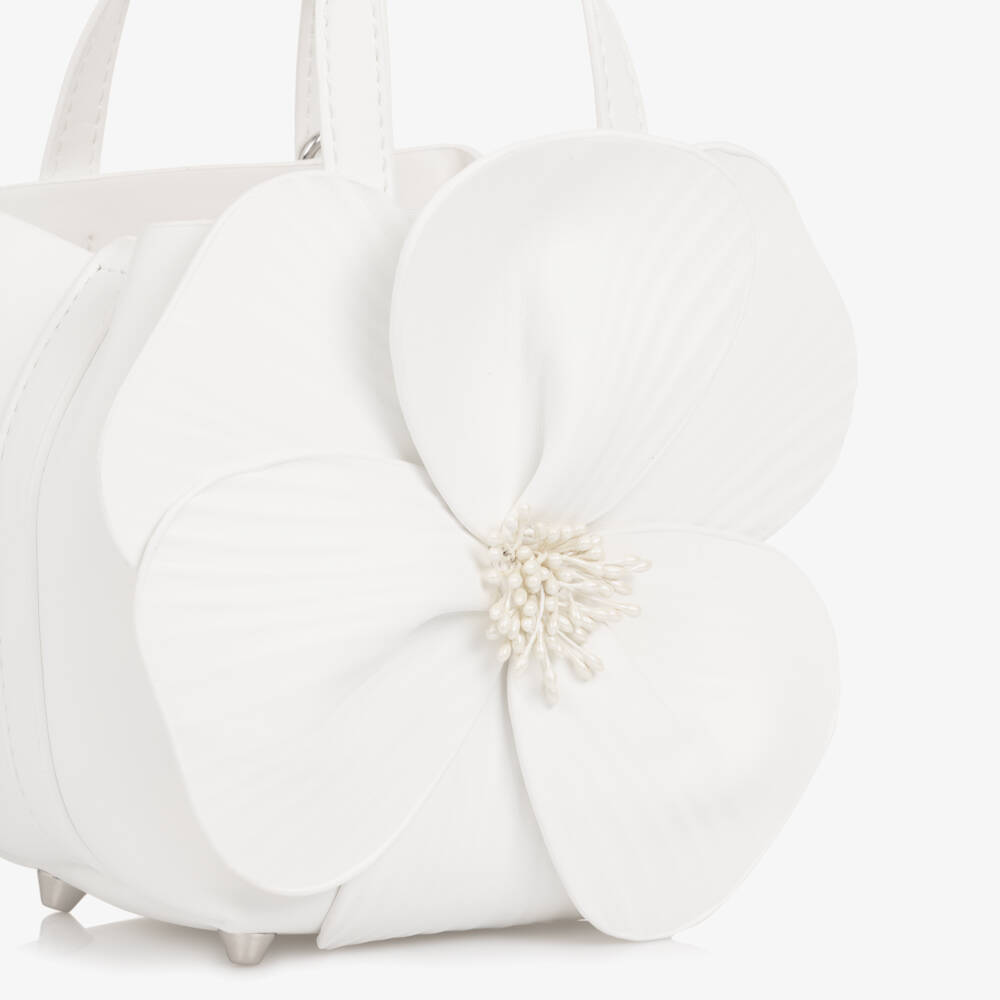 Monnalisa Шик-Girls White Faux Leather Flower Handbag (14cm) | Childrensalon
