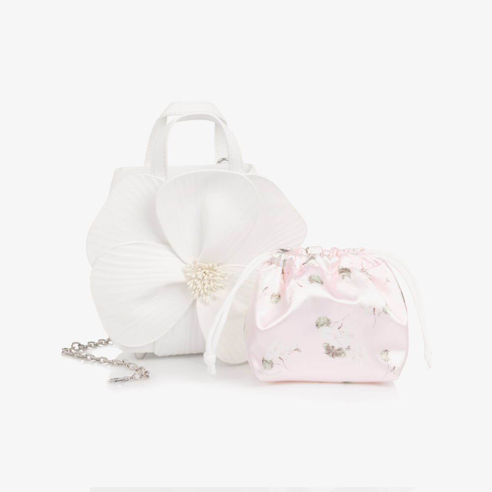 Monnalisa Шик-Girls White Faux Leather Flower Handbag (14cm) | Childrensalon