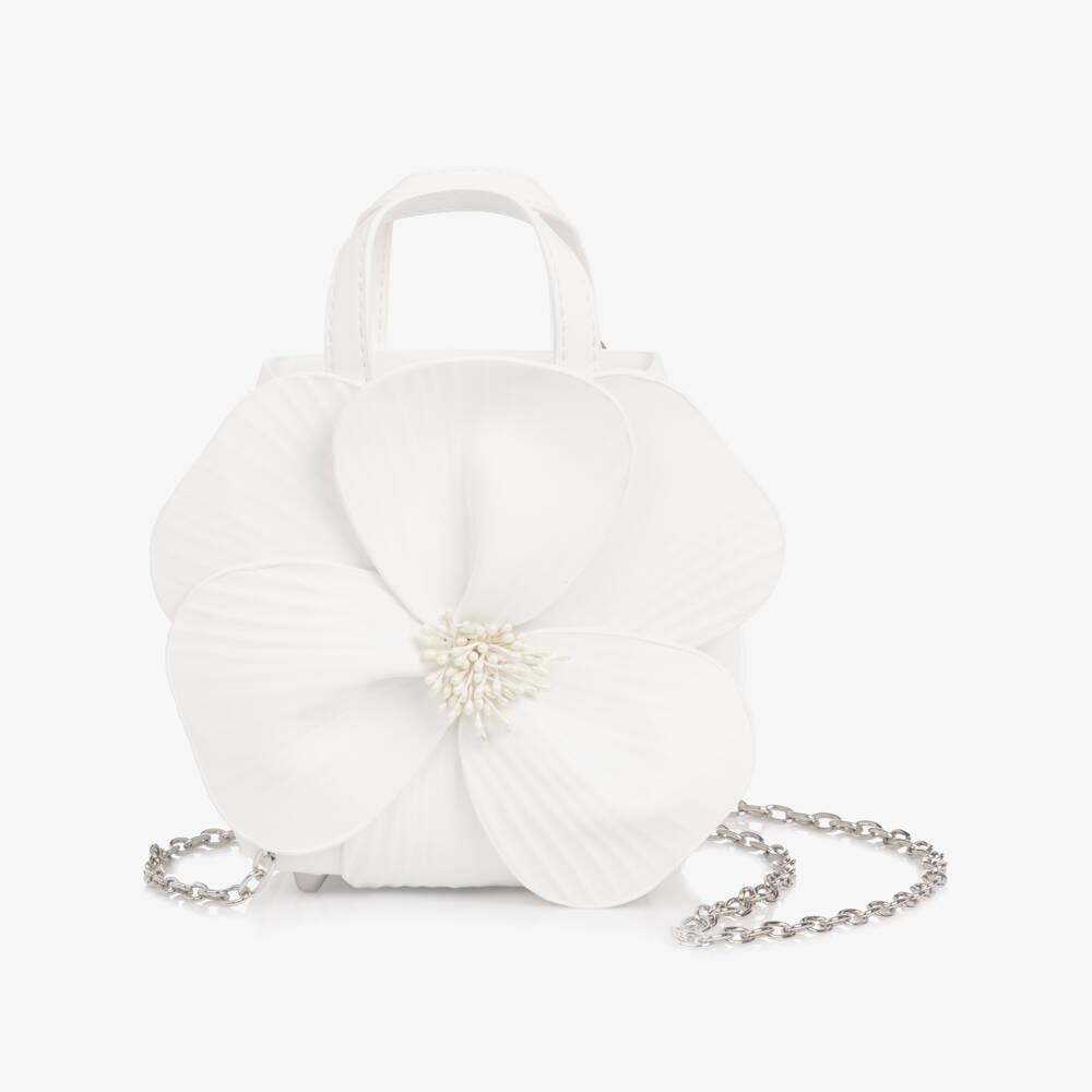 Monnalisa Chic-Girls White Faux Leather Flower Handbag (14cm) | Childrensalon