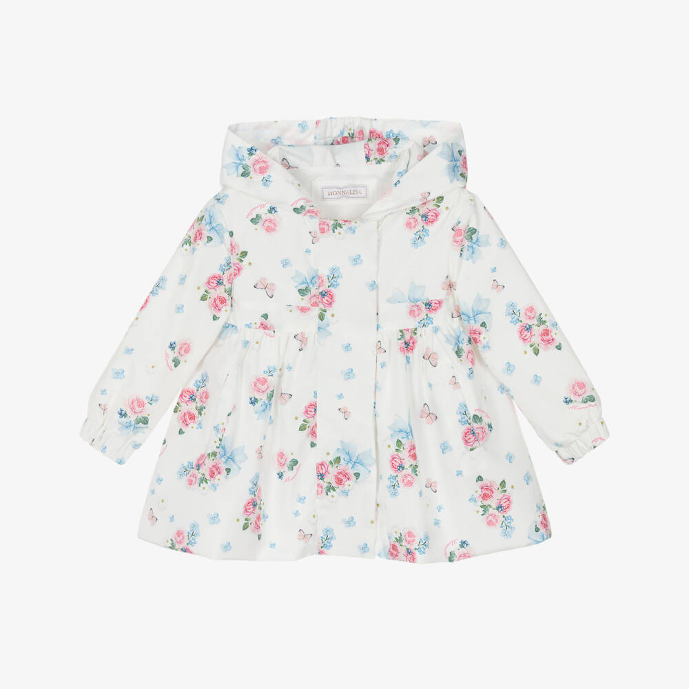 Monnalisa-Girls White Flower & Butterfly Print Hooded Windbreaker | Childrensalon