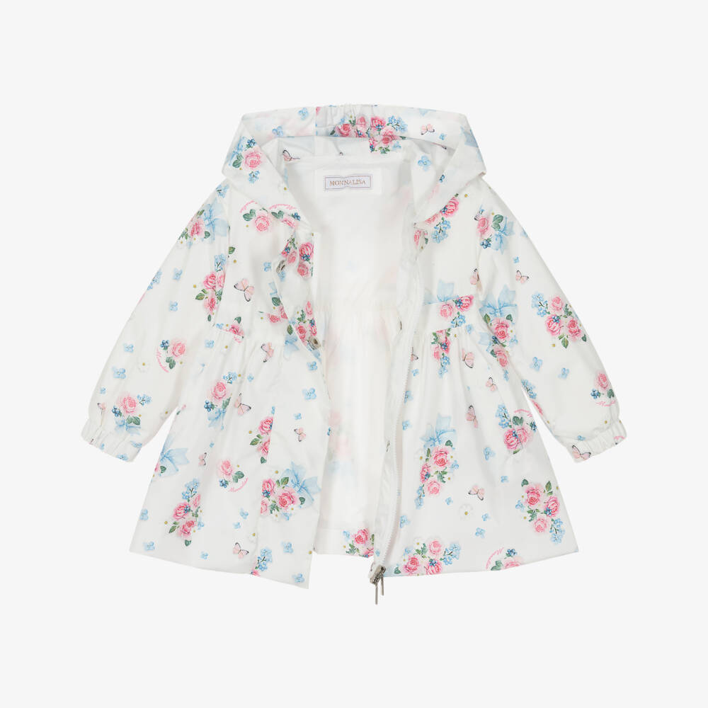 Monnalisa-معطف واقي من الرياح بطبعة زهور وفراشات لون أبيض للبنات | Childrensalon