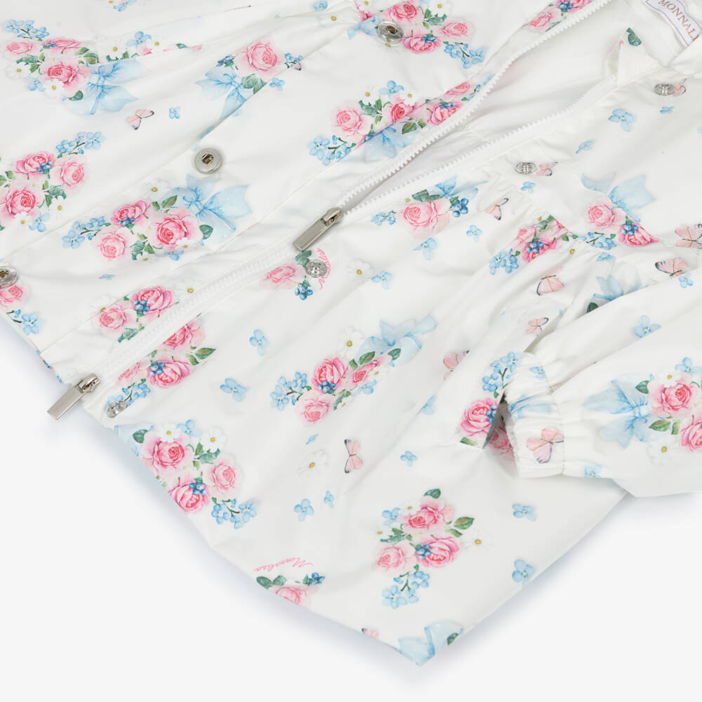 Monnalisa-Girls White Flower & Butterfly Print Raincoat | Childrensalon