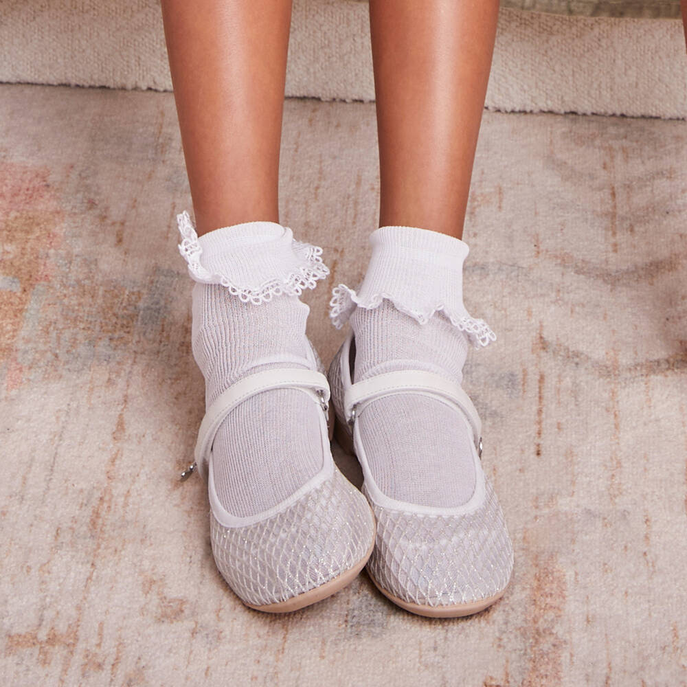 Monnalisa-Туфли Мэри Джейн белые с блестящей сеткой для девочек | Childrensalon