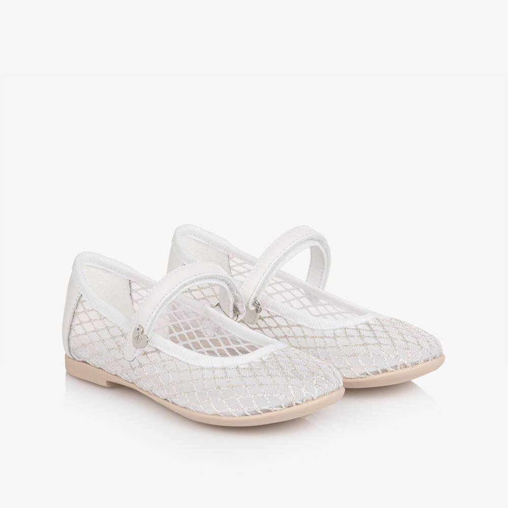 Monnalisa-Girls White Glitter Mesh Mary Jane Shoes | Childrensalon