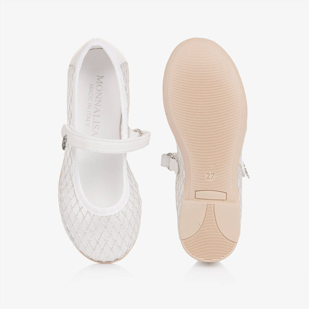 Monnalisa-Girls White Glitter Mesh Mary Jane Shoes | Childrensalon