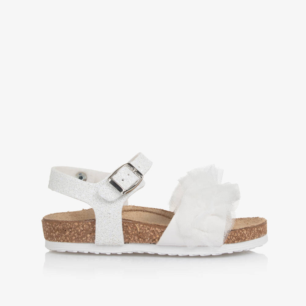 Monnalisa-Girls White Glitter Sandals with Tulle Trims | Childrensalon