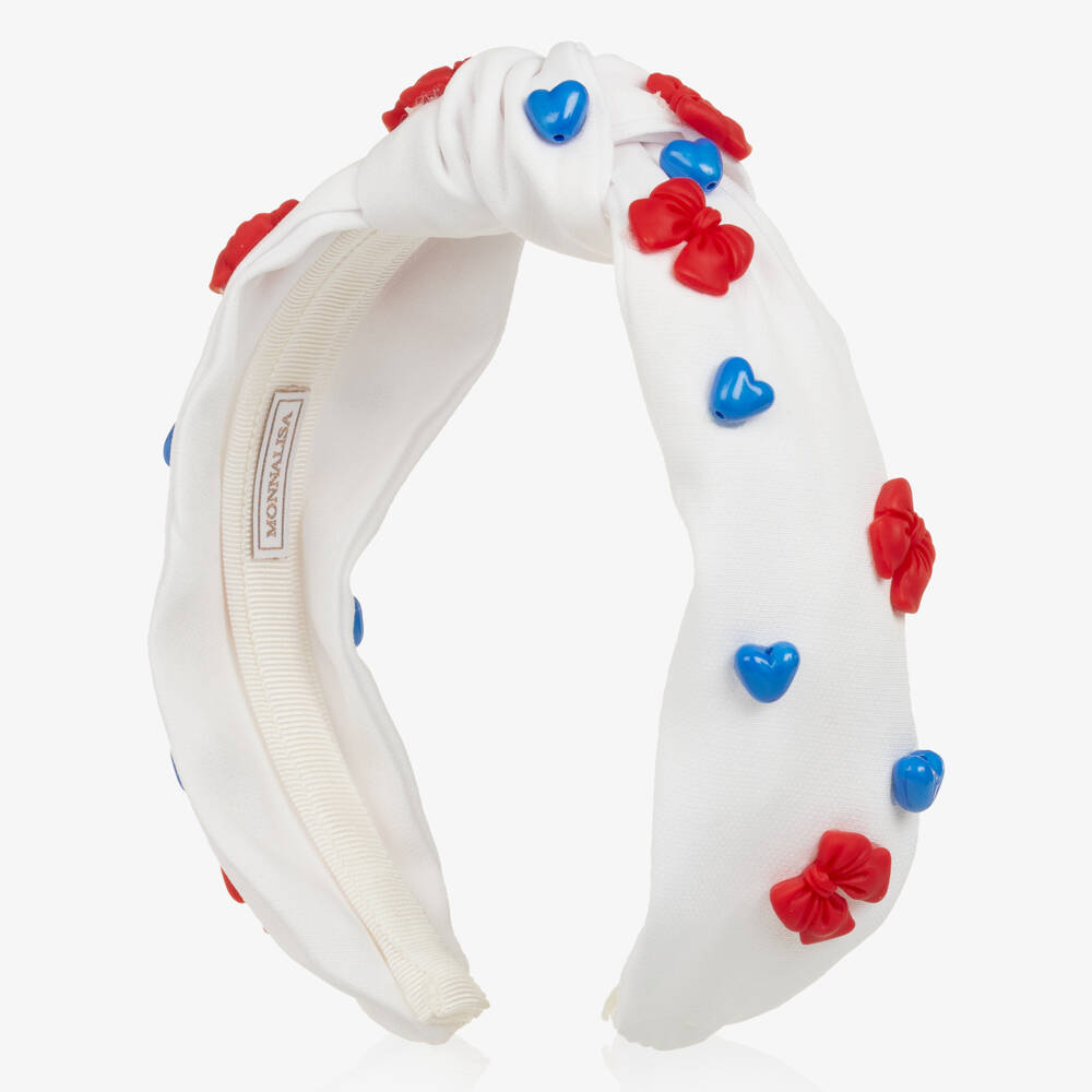 Monnalisa-Girls White Hairband with Red Bows & Blue Hearts | Childrensalon