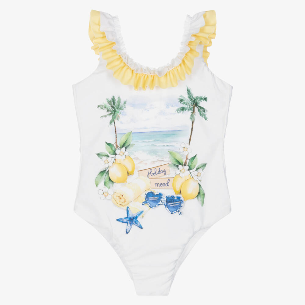 Monnalisa-Girls White Holiday Print Ruffle Swimsuit | Childrensalon