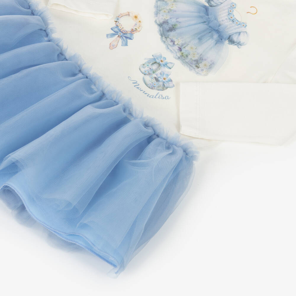 Monnalisa-Girls White Jersey & Blue Tulle Dress | Childrensalon