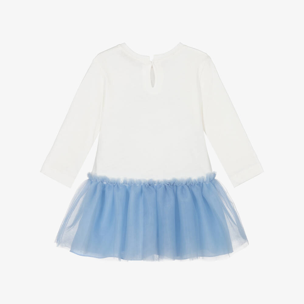 Monnalisa-Girls White Jersey & Blue Tulle Dress | Childrensalon