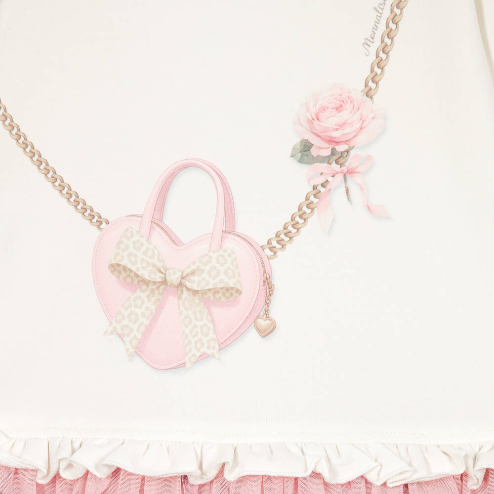 Monnalisa-Girls White Jersey & Pink Tulle Dress with Bag Print | Childrensalon