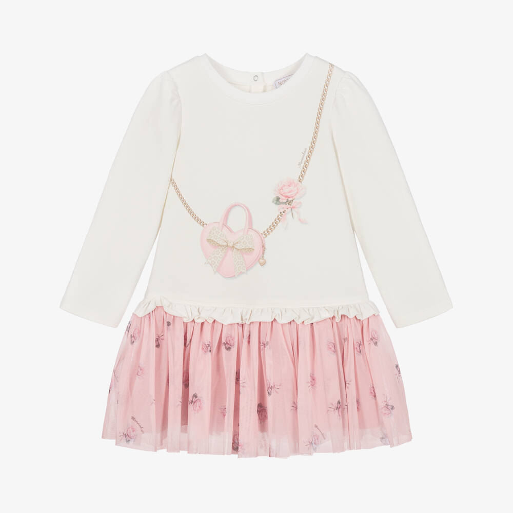 Monnalisa-Girls White Jersey & Pink Tulle Dress with Bag Print | Childrensalon