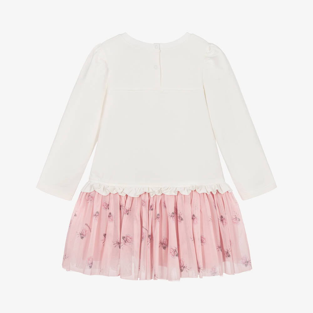 Monnalisa-Girls White Jersey & Pink Tulle Dress with Bag Print | Childrensalon