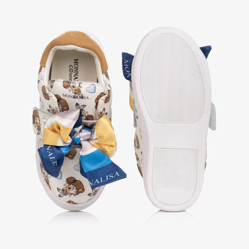 Monnalisa-Girls White Leather Daisy Duck Trainers with Ribbon Bows | Childrensalon