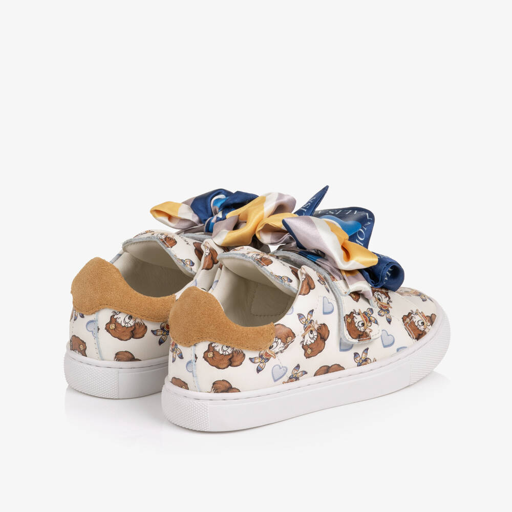 Monnalisa-Girls White Leather Daisy Duck Trainers with Ribbon Bows | Childrensalon