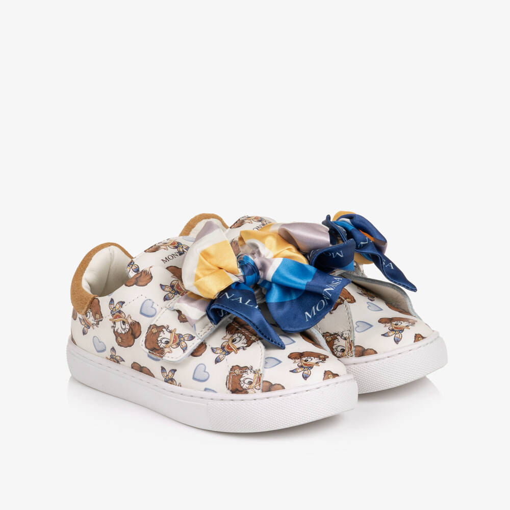 Monnalisa-Girls White Leather Daisy Duck Trainers with Ribbon Bows | Childrensalon