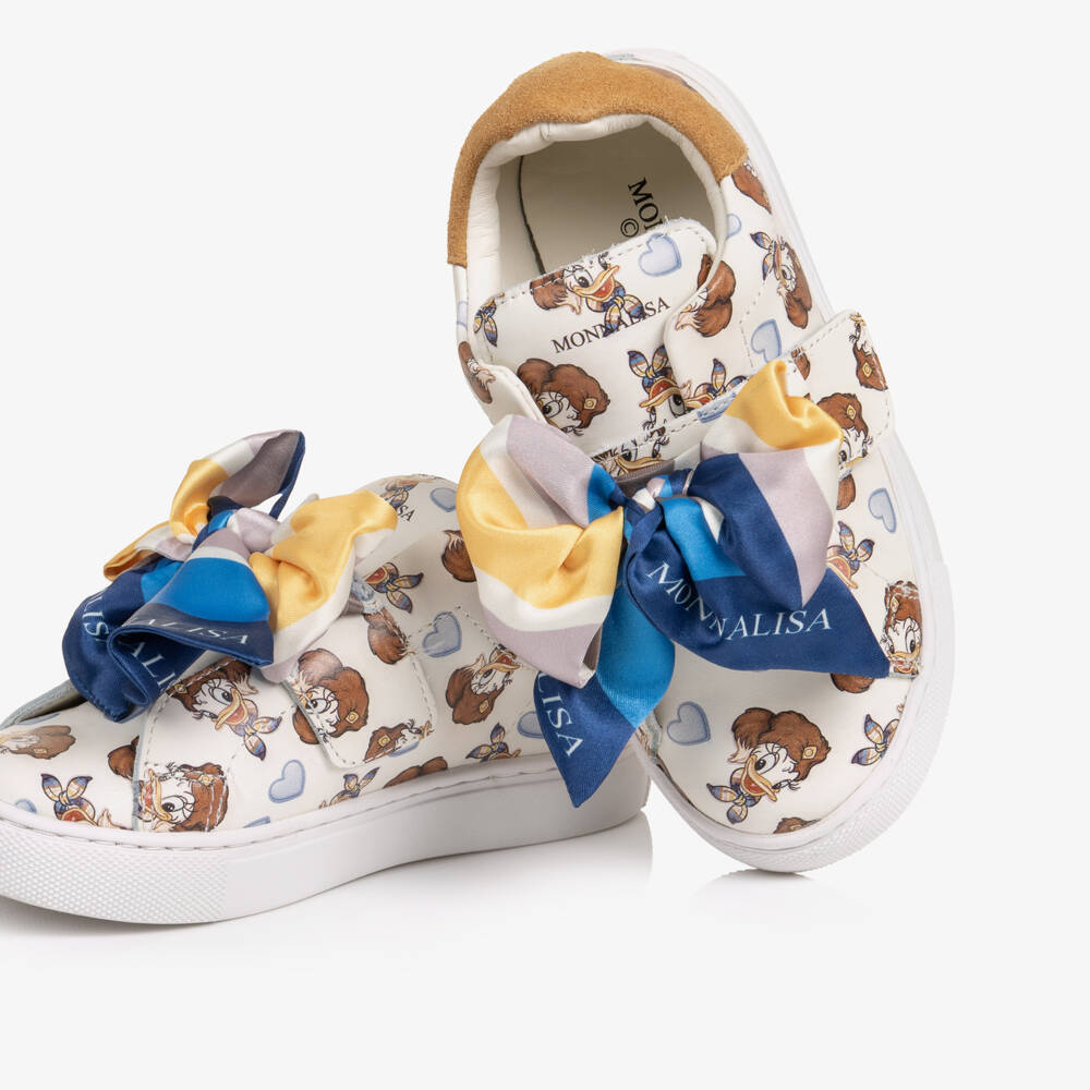Monnalisa-Girls White Leather Daisy Duck Trainers with Ribbon Bows | Childrensalon