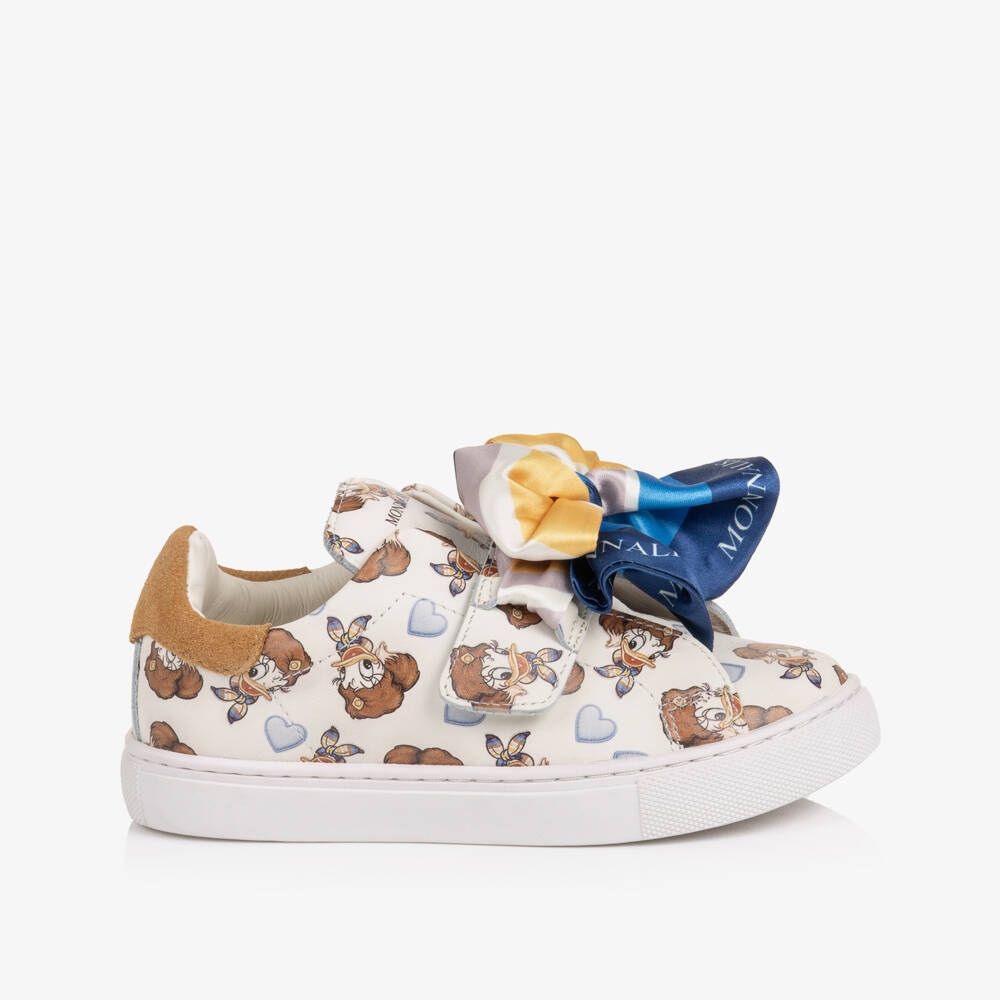 Monnalisa-Girls White Leather Daisy Duck Trainers with Ribbon Bows | Childrensalon