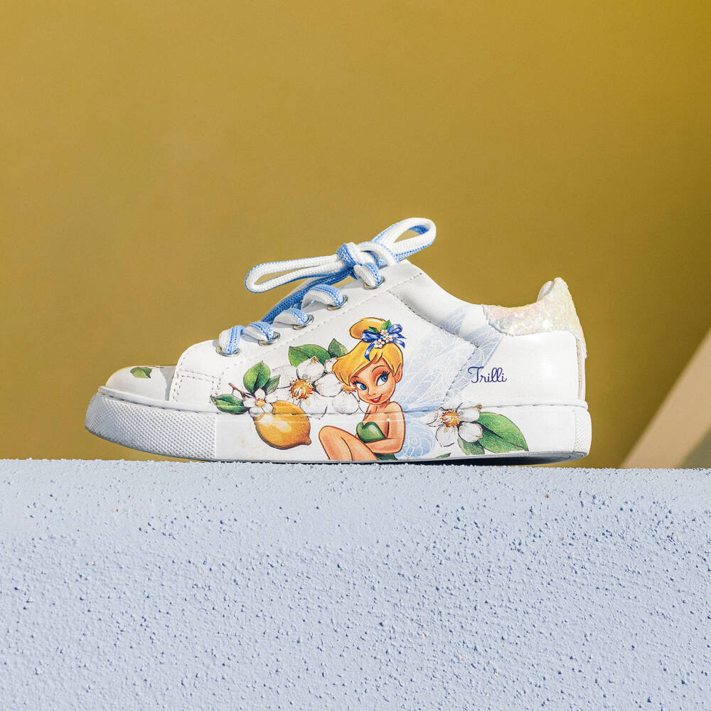 Monnalisa-Girls White Leather Lace-Up Tinkerbell Trainers | Childrensalon