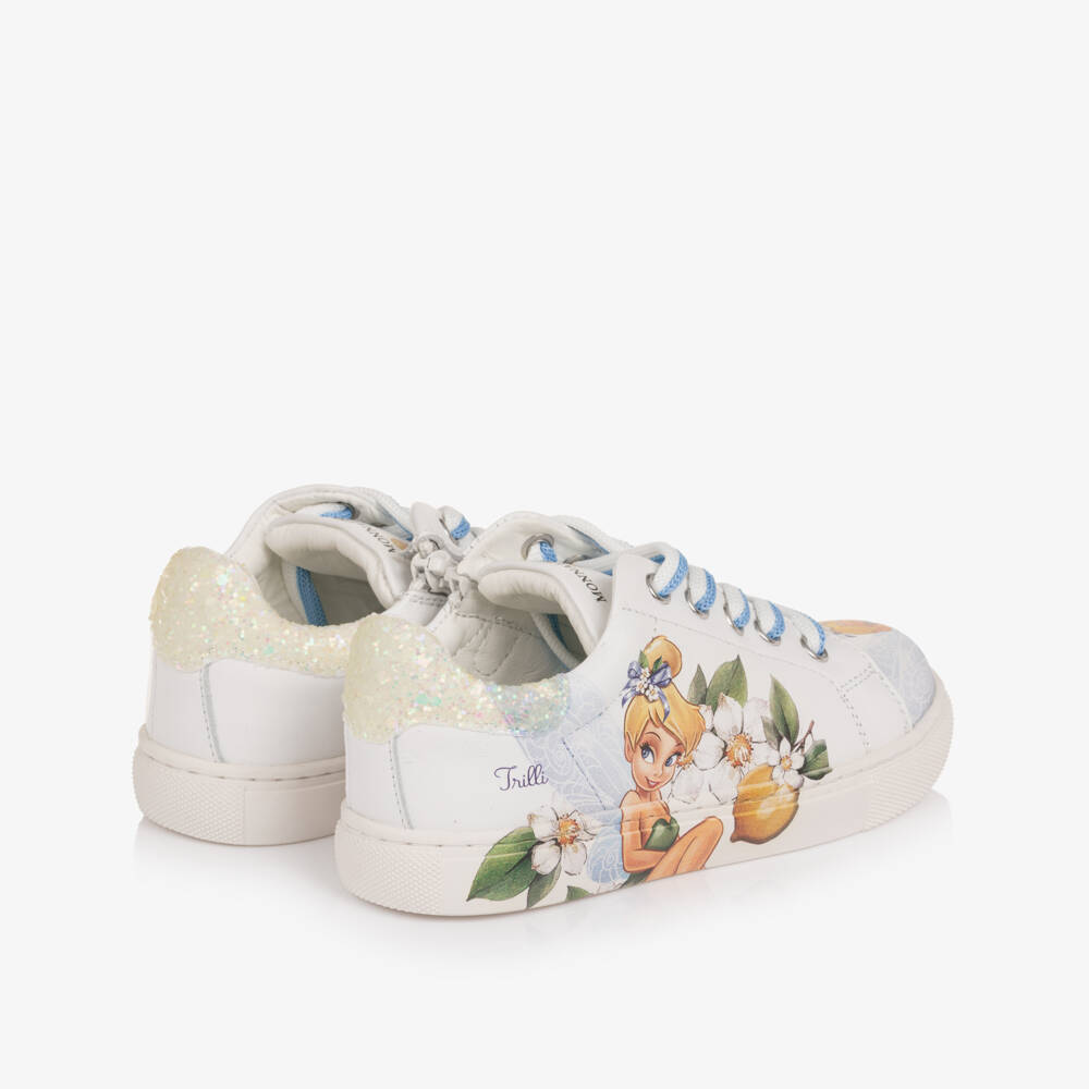 Monnalisa-Girls White Leather Lace-Up Tinkerbell Trainers | Childrensalon
