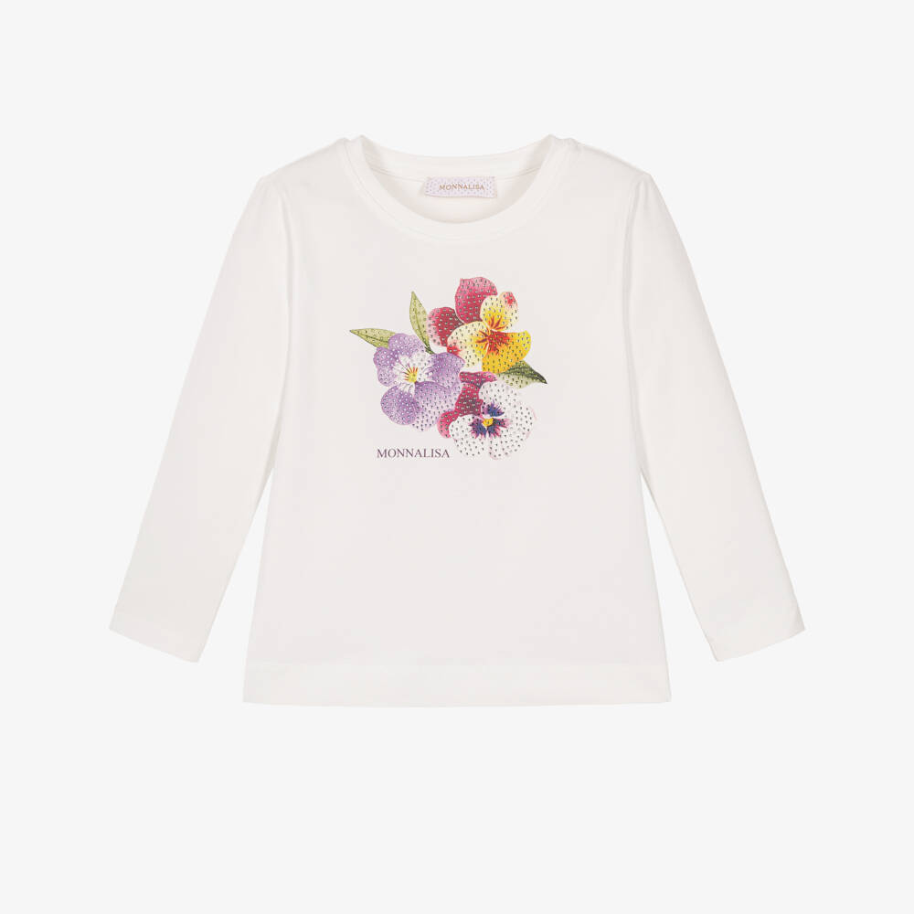 Monnalisa-Girls White Long Sleeved Top with Sparkly Flowers | Childrensalon
