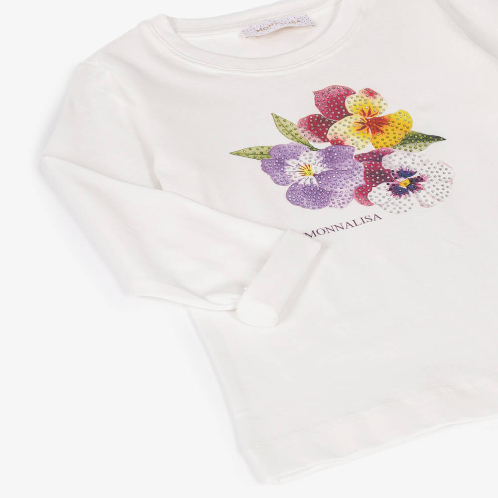 Monnalisa-Girls White Long Sleeved Top with Sparkly Flowers | Childrensalon