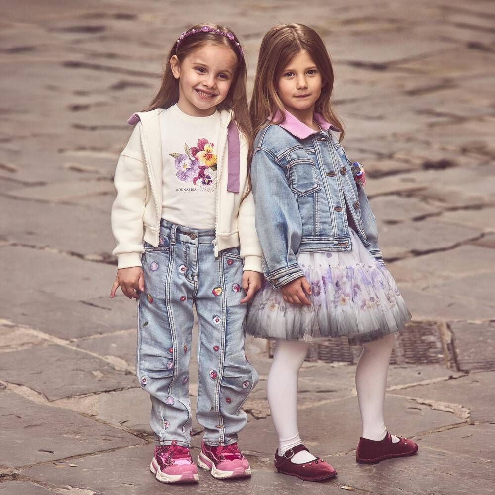 Monnalisa-Girls White Long Sleeved Top with Sparkly Flowers | Childrensalon