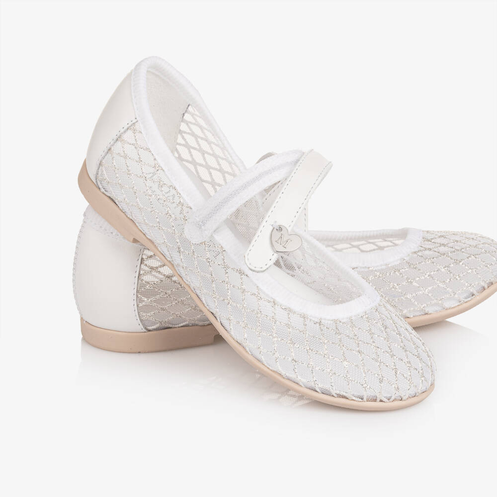 Monnalisa-Girls White Mesh Mary Jane Shoes with Silver Glitter | Childrensalon