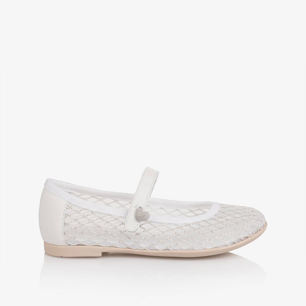 Monnalisa-Girls White Mesh Mary Jane Shoes with Silver Glitter | Childrensalon