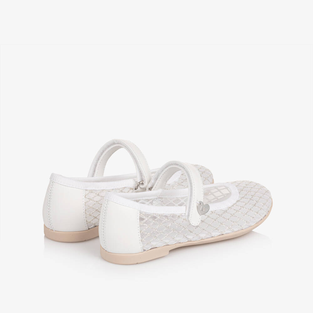 Monnalisa-Girls White Mesh Mary Jane Shoes with Silver Glitter | Childrensalon