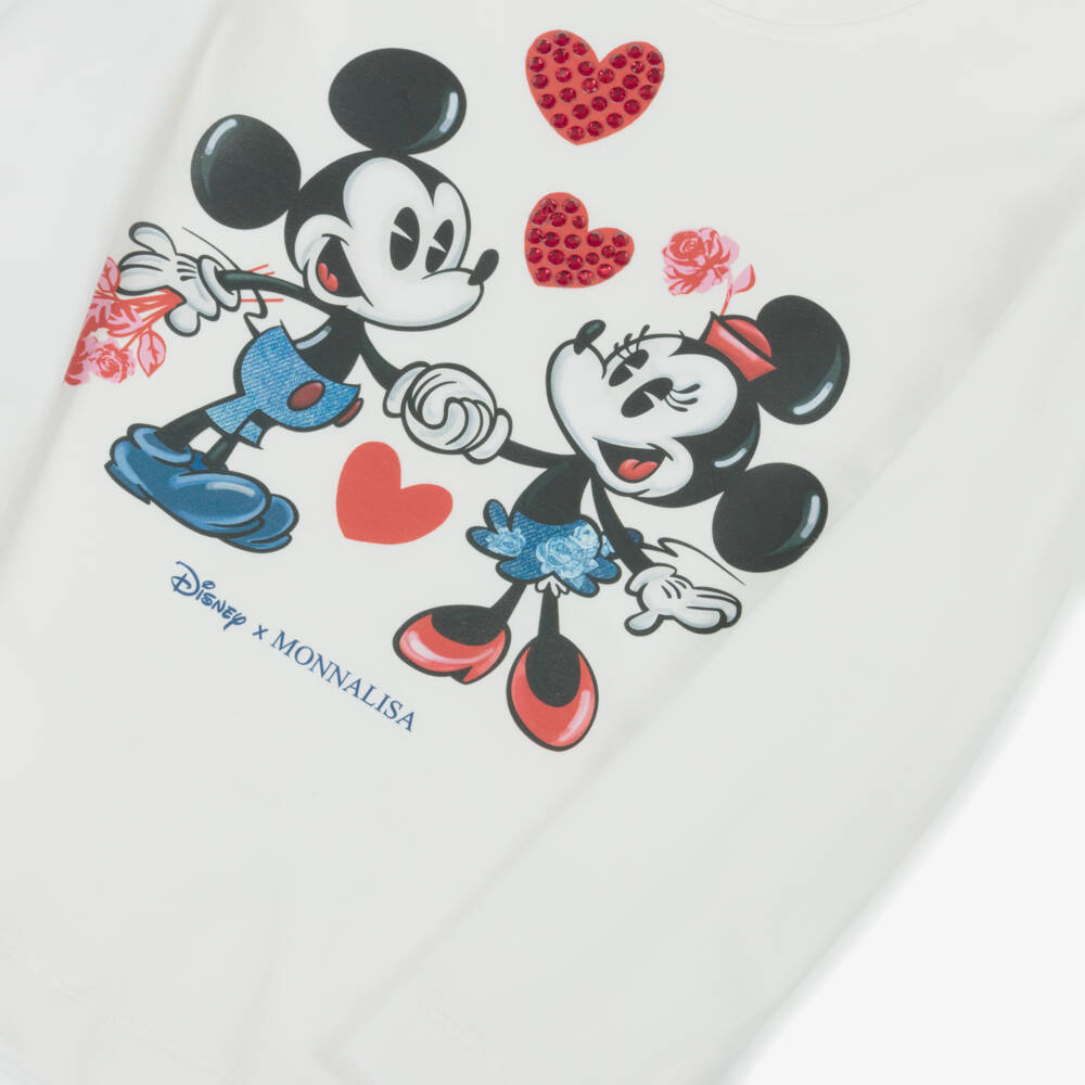 Monnalisa-Girls White Mickey & Minnie Mouse Cotton Jersey Top | Childrensalon