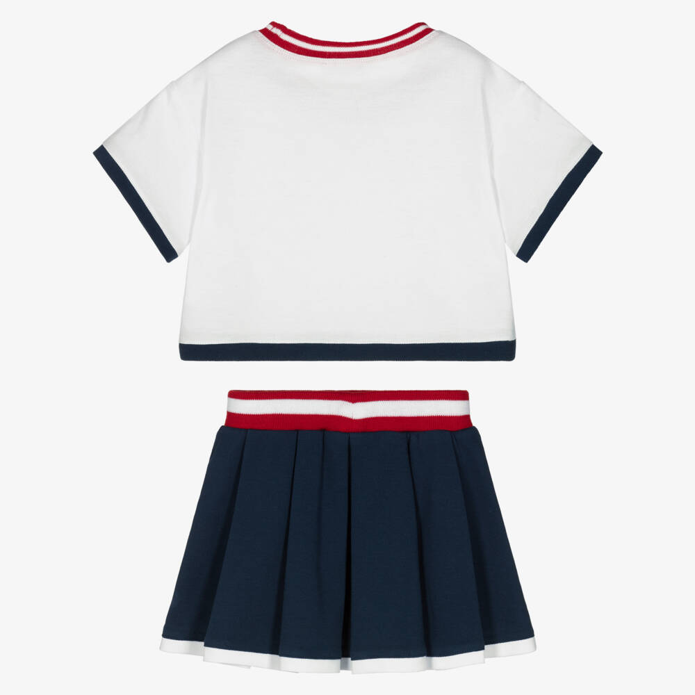 Monnalisa-Girls White & Navy Blue Hello Kitty Piqué Skirt Set | Childrensalon