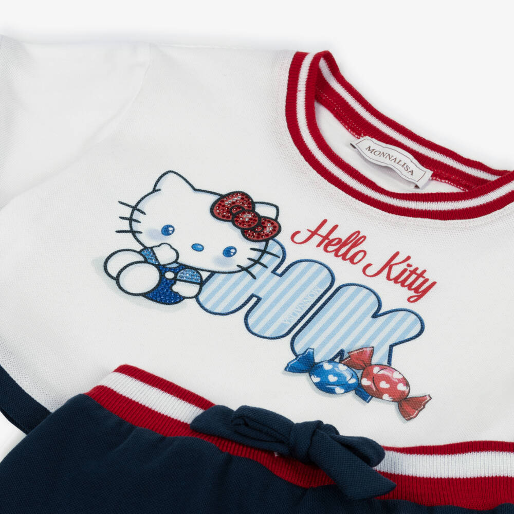 Monnalisa-Girls White & Navy Blue Hello Kitty Piqué Skirt Set | Childrensalon