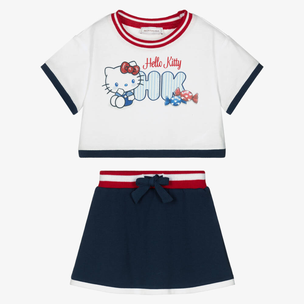 Monnalisa-Girls White & Navy Blue Hello Kitty Piqué Skirt Set | Childrensalon