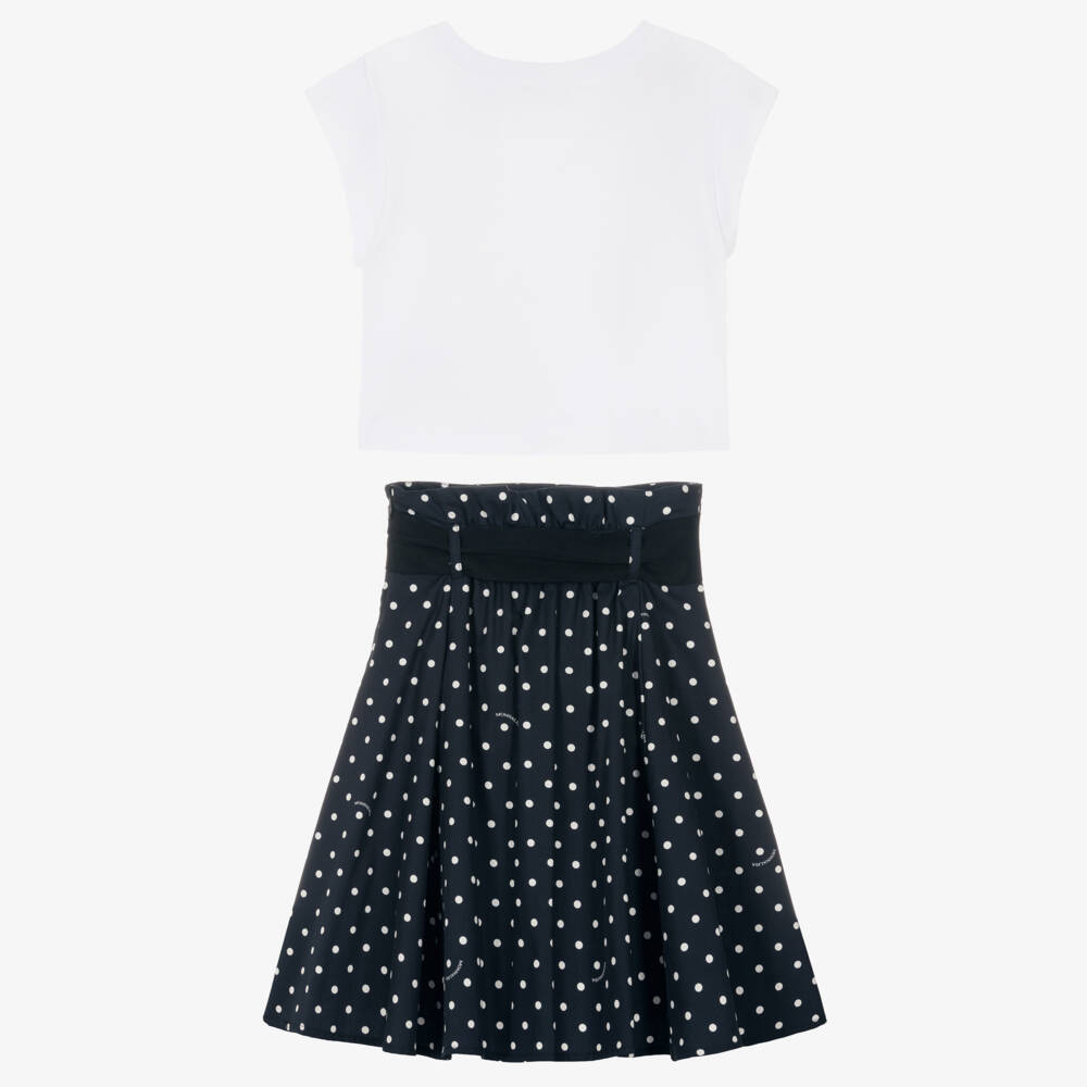 Monnalisa-طقم تنورة بطبعة نقاط لون أبيض وكحلي للبنات | Childrensalon