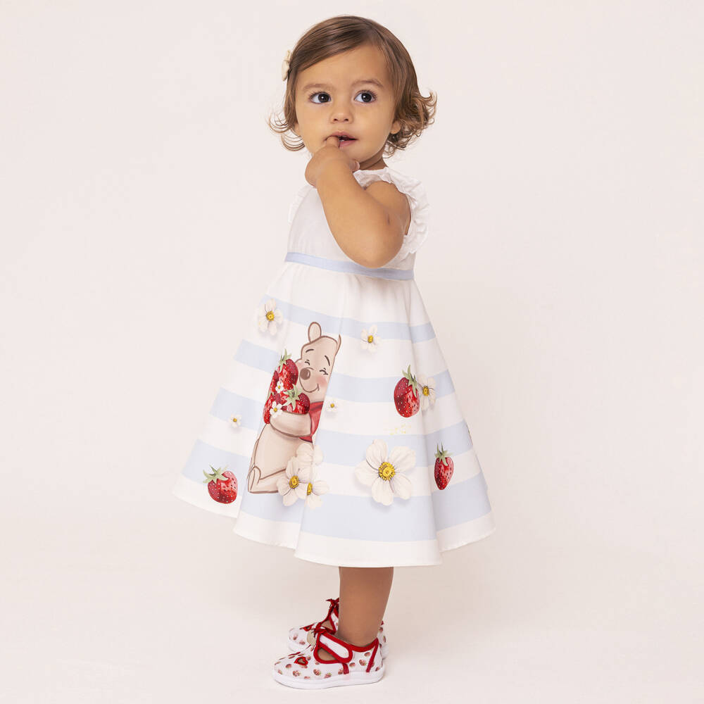 Monnalisa-Girls White & Pale Blue Winnie The Pooh Dress | Childrensalon
