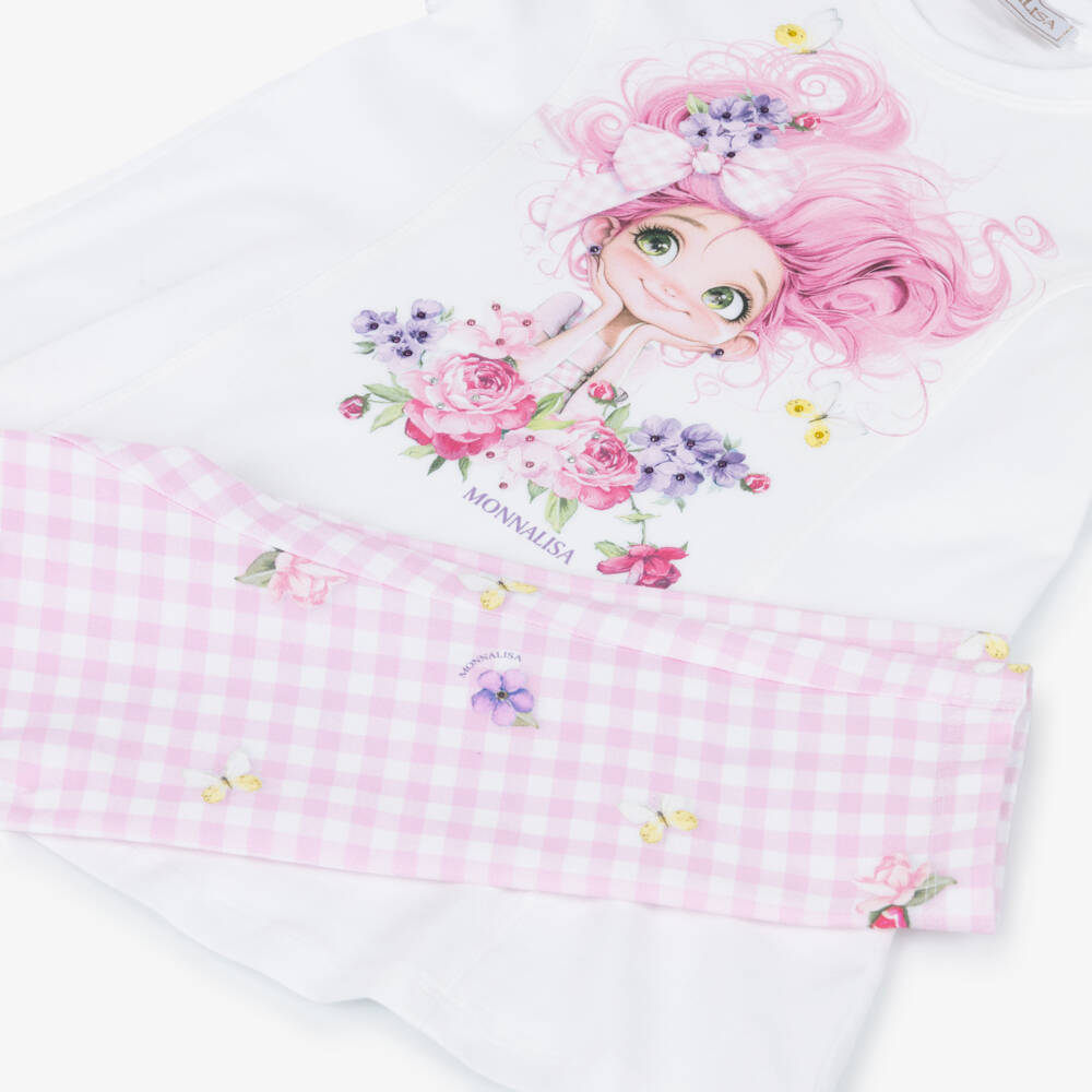 Monnalisa-Girls White & Pale Pink Gingham Leggings Set | Childrensalon